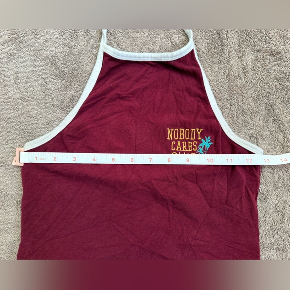 🌴Forever 21 Maroon Nobody Cares Club Embroidered Maroon Halter Crop Top - Medium - Picture 4 of 6